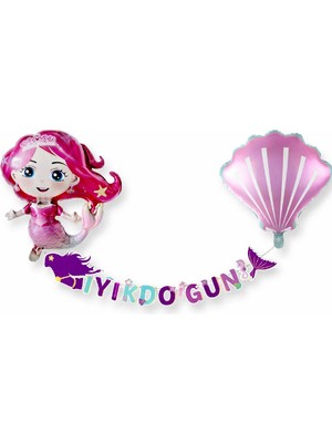 Deniz Kızı Balonlu Istiridyeli Deniz Kızı Bannerlı Doğum Günü Parti Seti Süsü Konsepti