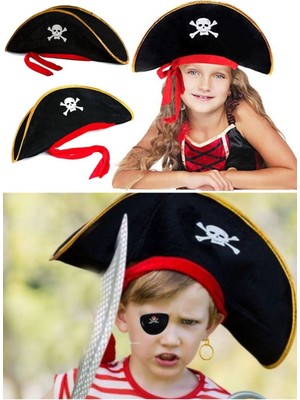 Munico Çocuk Boy Kaliteli Korsan Şapkası Kırmızı Kadife Detaylı Cosplay Jack Sparrow Denizci Korsan Şapkası