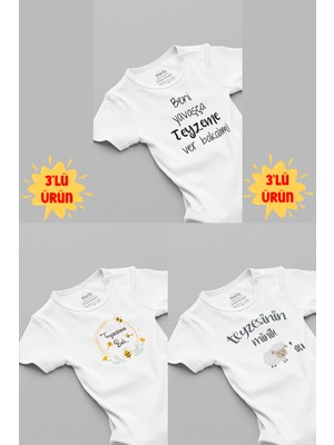 Overoz Teyze Baskılı 3'lü Kısa Kollu Beyaz Bebek Body Set Üçlü Zıbın 5159-5135-T-5124
