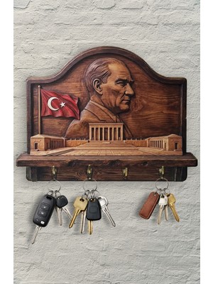 Time in a Tin 2d Ahşap Anahtar Askılığı Retro Atatürk ve Anıtkabir Temalı Dekoratif Duvar Anahtar Askısı