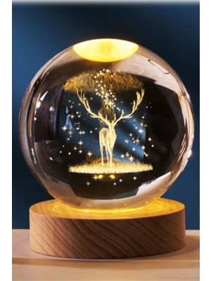 Munico Şık Tasarım Cam Lamba Cam Lamba Boynuzlu Geyik Figürlü USB Gece Işığı LED Kristal Top Masa Lambası
