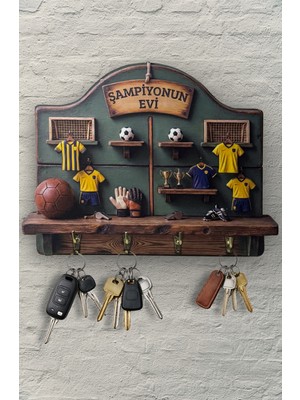 Time in a Tin 2d Ahşap Duvar Askısı Anahtarlık Retro Sarı Lacivert Futbol Temalı Dekoratif Duvar Anahtar Askısı