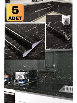 Munico 5 Adet Yapışkanlı Mermer Mutfak 5 Metre x 60 cm Mermer Folyo Kağıt Siyah