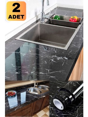 Munico 2 Adet Yapışkanlı Mermer Görünümlü Masa Tezgah Dolap Mutfak 5 Metre x 60 cm Mermer Folyo Kağıt Siyah