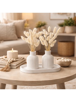 Mg Concept Minimalist Taş Tozu Dekoratif Vazo Seti 2’li – Oval Tepsili Salon Orta Sehpa Aksesuarı (Bunny Grass Dahil)