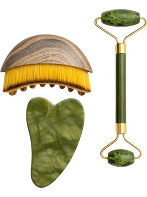 Mucit Home Lenf Drenaj Kuru Fırça ve Yeşim Taşı Roller 3 Lü Set Yüz, Boyun, Göz ve Vücut Masaj Aleti