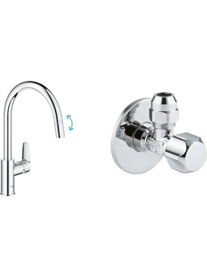Grohe Start Edge Spiralli Eviye Bataryası Krom + 2 Adet 55MM Ara Musluk Seti
