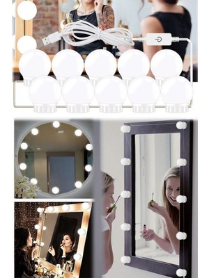 Munico Beyaz Makyaj Masası Ayna Lambası 10'lu Yapışkanlı Yüz Aydınlatma Lambası Aynalık Makyaj Lambası Pro