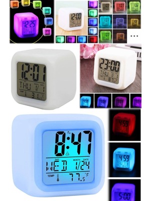 Munico Çok Fonksiyonlu 7 Renk Değişimi LED Dijital Çalar Saat Tarih Alarmlı Termometre Küp Çalar Saat Renk