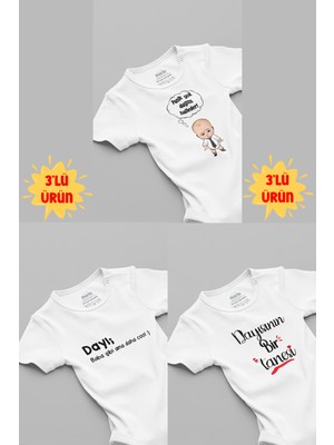 Overoz Dayı Baskılı 3'lü Kısa Kollu Beyaz Bebek Body Set Üçlü Zıbın 5056-5184-5249