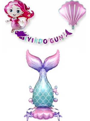 Lüks Deniz Kızı Balonlu Istiridyeli Deniz Kızı Kuyruklu Bannerlı Doğum Günü Parti Seti Süsü Konsepti