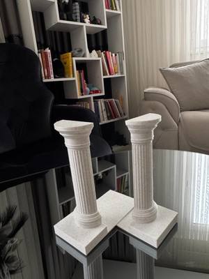 Todekora Roma Sütunu Kitap Tutucu Seti 2'li Beyaz Granit Mermer Görünümlü
