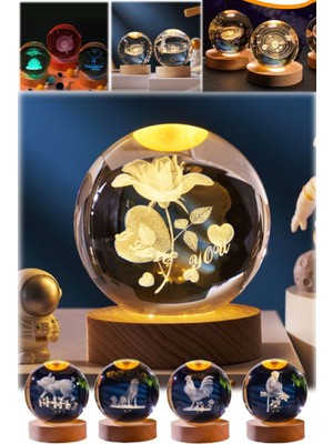 Munico 3D Lazer Gravürlü Çiçek Model Gece Lamba Cam Tasarım Hediyelik Tatlı 3D Lamba Gece Işığı Dekor