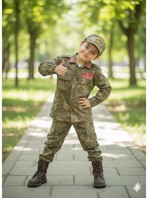 Minik Kahramanlar Için Askeri Kamuflaj Alt Üst Takım - Kepli