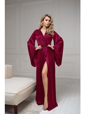 Velina Group Koyu Fuşya Uzun Ipeksi Saten, Kollar Kloş Gelin Sabahlık Kimono