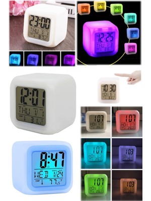 Munico 6 Renk Değişimi Parlayan LED Dijital Çalar Saat Mini Masa Dijital Termometre Ekran Küp LCD Eğlenceli