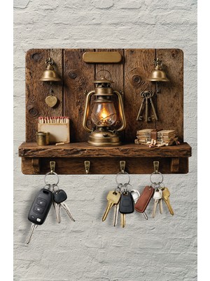 Time in a Tin 2d Ahşap Duvar Askısı Anahtarlık Retro Gaz Lambası Dekoratif Duvar Anahtar Askısı