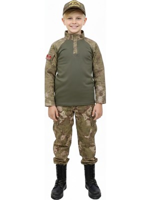 Minik Kahramanlar Için Kamuflaj Tactical Tişörtlü Alt Üst Takım - Kepli