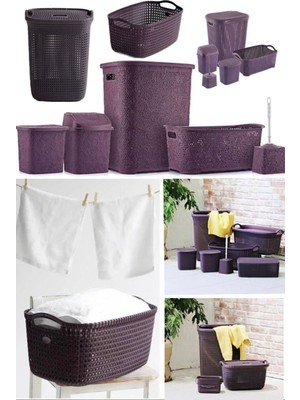 Munico 7 Parça Plastik Banyo Seti Örgü Desenli Çeyiz Seti Mürdü 7'li Çamaşır Saklama Taşıma Çöp Kovası S #2