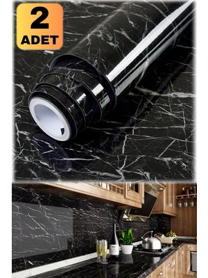 Munico 2 Adet Yapışkanlı Siyah Mermer Desenli 500 x 60 cm Dekoratif Sitcker Folyo Yanmaz Çizilmez Iz Yapmaz