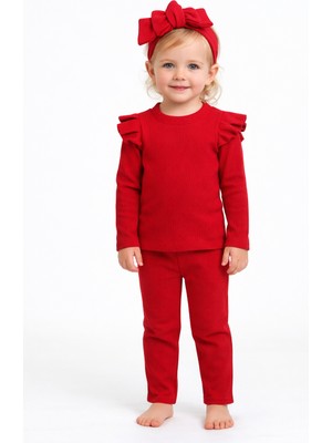 Özge Başaran Kız Çocuk Kırmızı Ribana Fırfırlı Uzun Kollu Badi ve Tayt Takımı