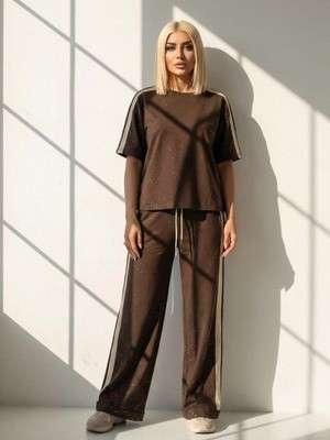 Kokoşum Butik 7492 Yanları Simli Şeritli Takım Kahve