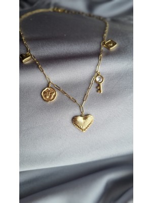 Initium Premium Paslanmaz Stainless Steel Çelik 14K Kalp ve Kilit Charmlı Kolye