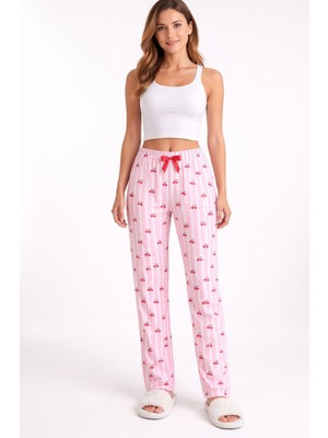 Kadın Çizgili Kiraz Desenli Tek Alt Pijama