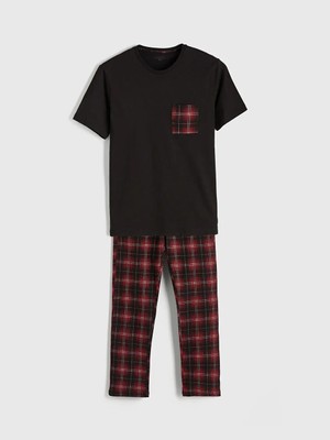 LC Waikiki Bordo Standart Kalıp Ekose Baskılı Erkek Pijama Takım  (S6)
