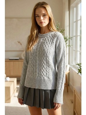 Lior Design Gri Kalın Örgü Desenli Bisiklet Yaka Triko Kazak BCHPK-251250