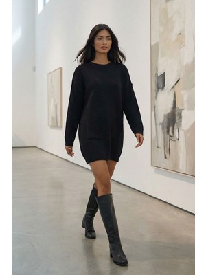 Lior Design Siyah Ribanalı Bisiklet Yaka Mini Triko Elbise BCHPK-251239