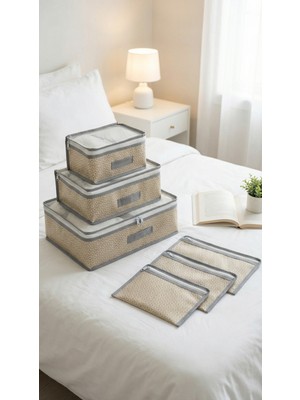 Evsella 6'lı Bej Desenli Valiz Içi Düzenleyici Set Bavul Içi Organizer Seyahat Hurcu Dolap Çanta Düzenleyici