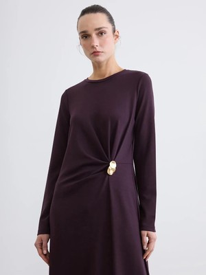 LC Waikiki Mürdüm Bisiklet Yaka Metal Tokalı Büzgülü Elbise  (S6)