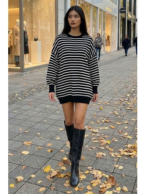 Lior Design Siyah Çizgili Bisiklet Yaka Çizgili Triko Mini Elbise BCHPK-251240