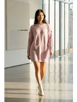 Lior Design Pembe Ribanalı Bisiklet Yaka Mini Triko Elbise BCHPK-251239