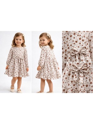 Lav Mer Kids Kız Çocuk %100 Pamuk Çiçek Desenli Uzun Kollu Fiyonk Detaylı Elbise
