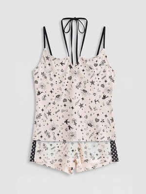 LC Waikiki Ekru Desenli Askılı Kadın Şortlu Pijama Takımı  (S6)
