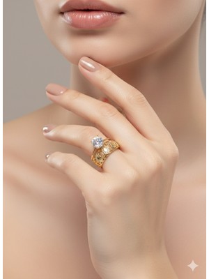 Cemal Demircioğlu 14 Ayar Sarı Altın Alyans ve Tek Taş Birleşik Kadın Yüzük