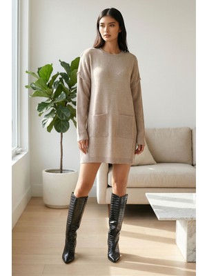 Lior Design Taş Ribanalı Bisiklet Yaka Mini Triko Elbise BCHPK-251239