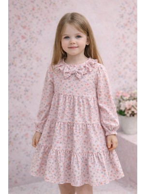 Lav Mer Kids Kız Çocuk %100 Pamuk Çiçek Desenli Uzun Kollu Fiyonk Detaylı Elbise