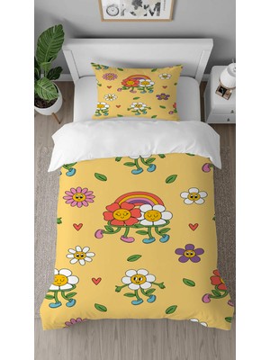 Greendecor Papatya Çiçekler Desenli Dijital Baskılı Özel Tasarım Çarşafsız Tek Kişilik Çocuk Nevresim Takımı
