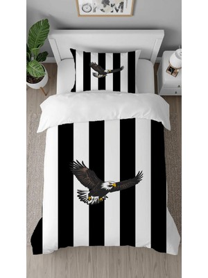 Greendecor Kartal Siyah Beyaz Desenli Baskılı Özel Tasarım Çarşafsız Tek Kişilik Tarz Çocuk Nevresim Takımı
