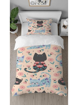 Greendecor Tatlı Kedi Çiçek Desenli Dijital Baskılı Özel Tasarım Çarşafsız Tek Kişilik Çocuk Nevresim Takımı
