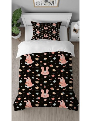 Greendecor Tatlı Tavşanlar Deseneli Dijital Baskılı Özel Tasarım Çarşafsız Tek Kişilik Çocuk Nevresim Takımı