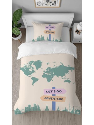 Greendecor Dünya Haritası Gezi Şehir Traveldesenli Dijital Baskılı Özel Tasarım Çarşafsız Şık Nevresim Takımı