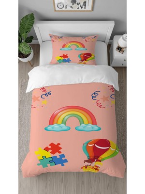 Greendecor Gökkuşağı Çiçek Desenli Dijital Baskılı Özel Tasarım Çarşafsız Tek Kişilik Çocuk Nevresim Takımı