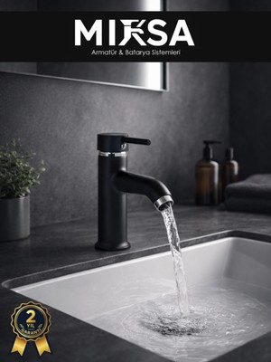 Mixsa Siyah-Krom Sabit Banyo Lavabo Musluğu Bataryası