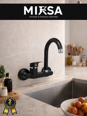 Mixsa Siyah Yandan Aplik Baston Borulu Lavabo-Eviye Bataryası Çeşmesi Musluğu Çift Su Girişli