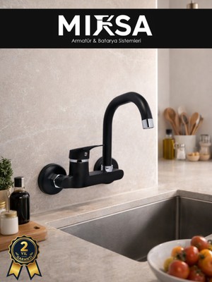 Mixsa Siyah Yandan Aplik Köşe Borulu Lavabo-Eviye Bataryası Çeşmesi Musluğu Çift Su Girişli