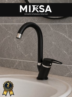 Mixsa Siyah-Krom Baston Borulu Banyo Lavabo Bataryası, Musluğu, Çift Su Girişli